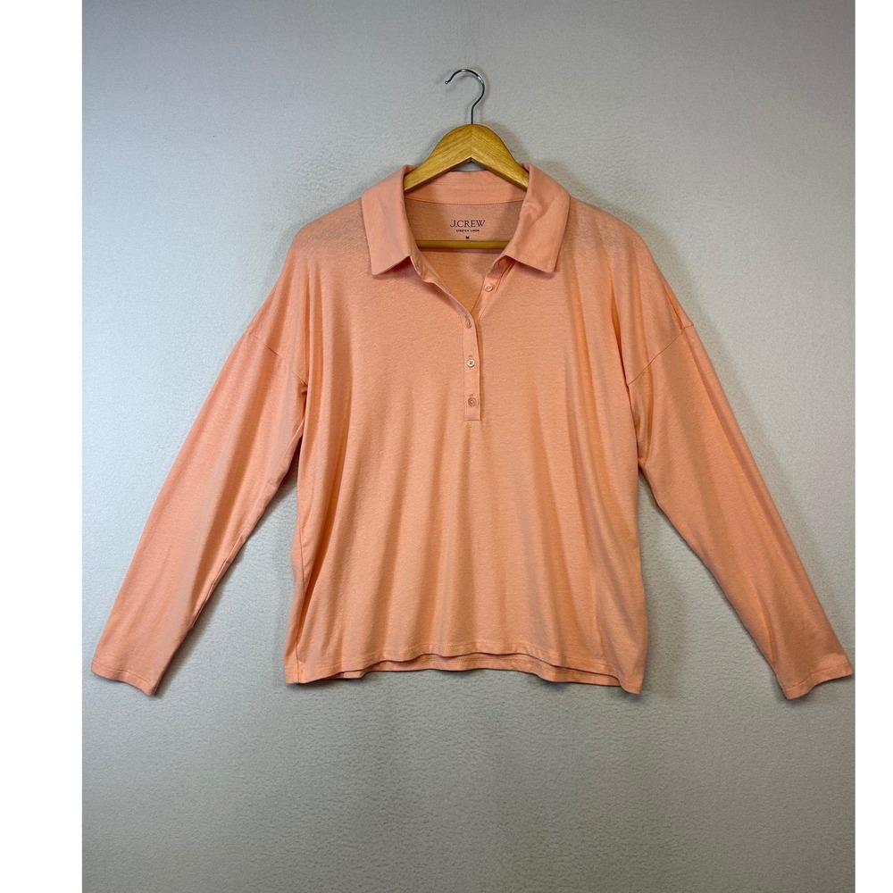 Coastal J.Crew Womens M Pink Stretch Linen Long Sleeve Button Polo Shirt